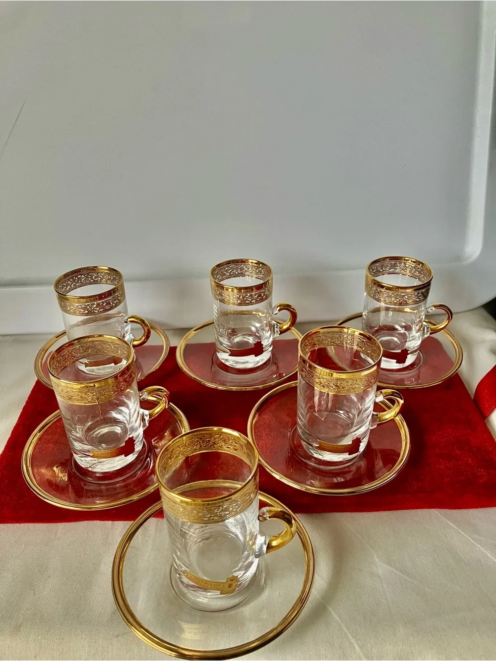 Interglass Italy Handmade Clear Glass 24kt Gold Set 6 Six Demitasse Cups Saucers